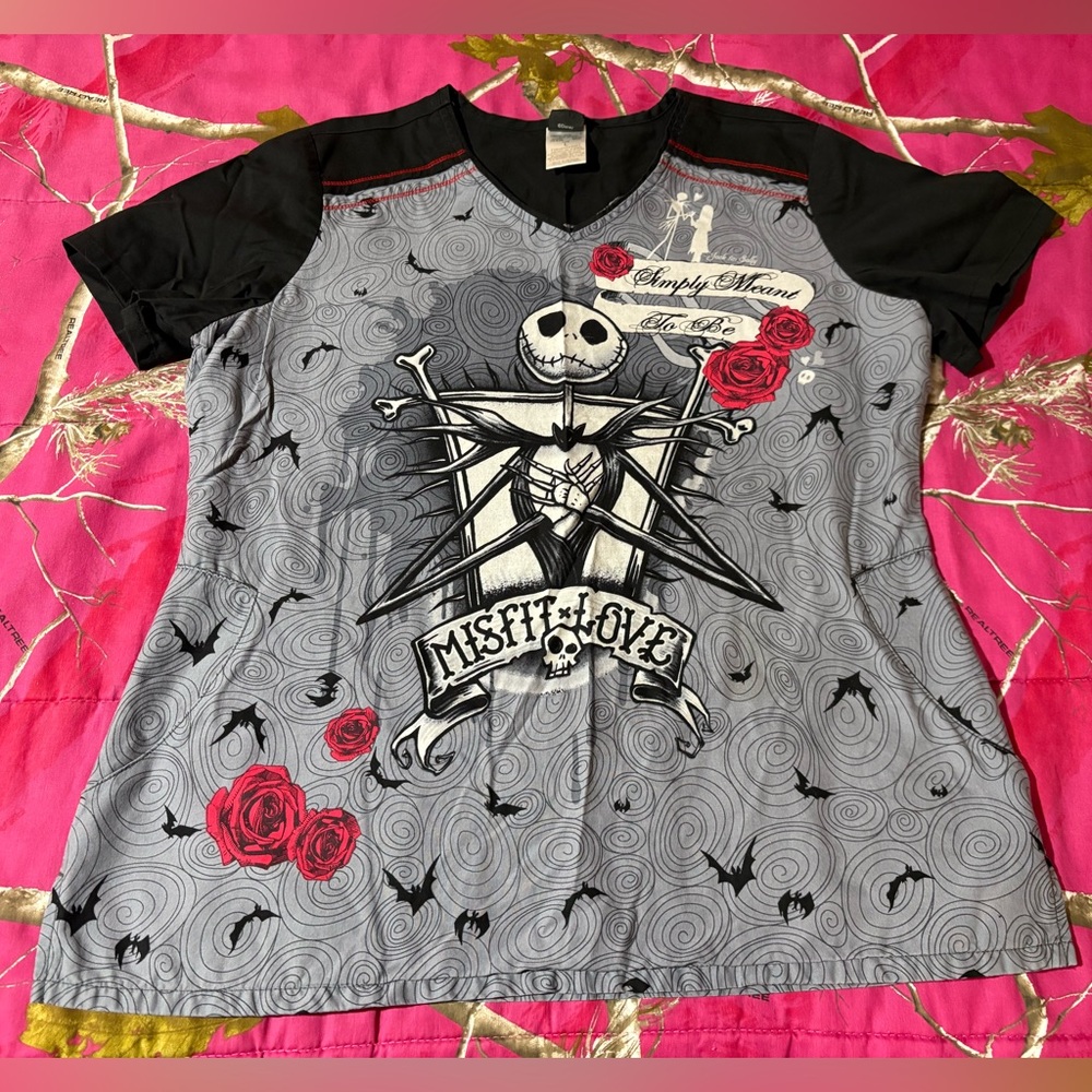 Disney Black and Gray Skull Rose V‑Neck Scrub Top